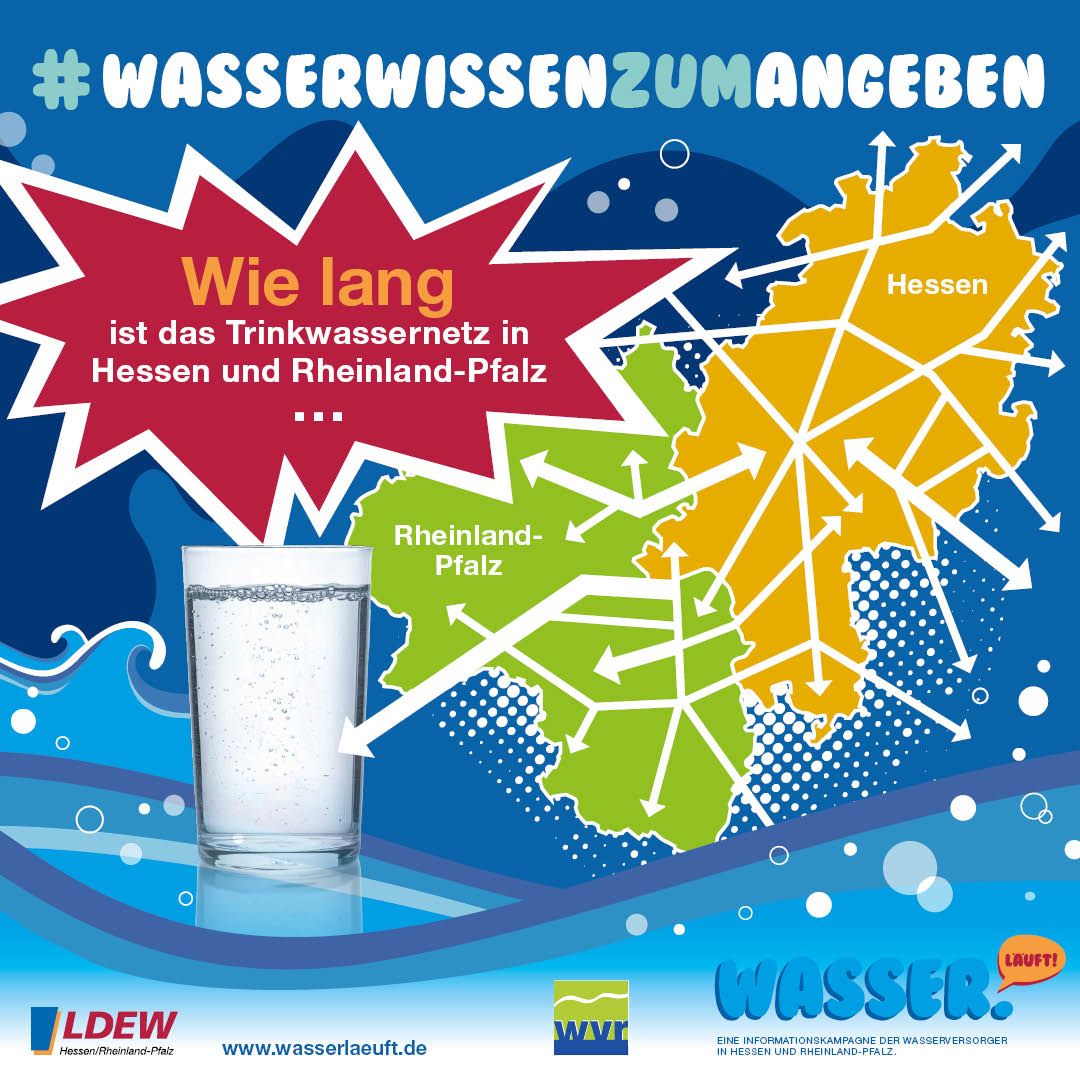 Infografik: Das Trinkwassernetz in Hessen und Rheinland-Pfalz ist rund 52.000 km lang, deutlich mehr, als der Umfang der Erde. 